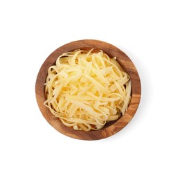 Photo of Tasty grated cheese in bowl isolated on white, top view