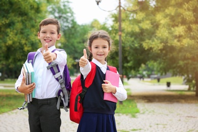 Photo of Cute little school children with stationery in park