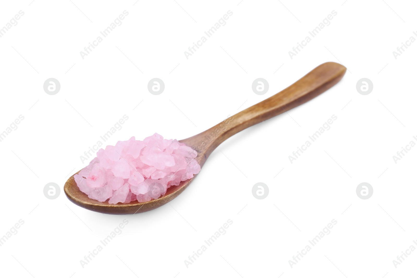 Photo of Wooden spoon with pink sea salt isolated on white