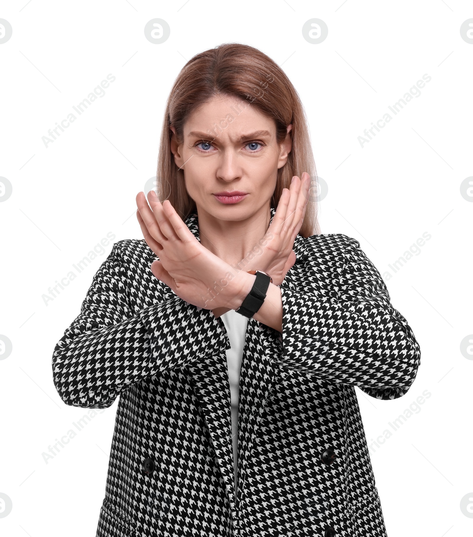 Photo of Beautiful businesswoman in suit rejecting on white background