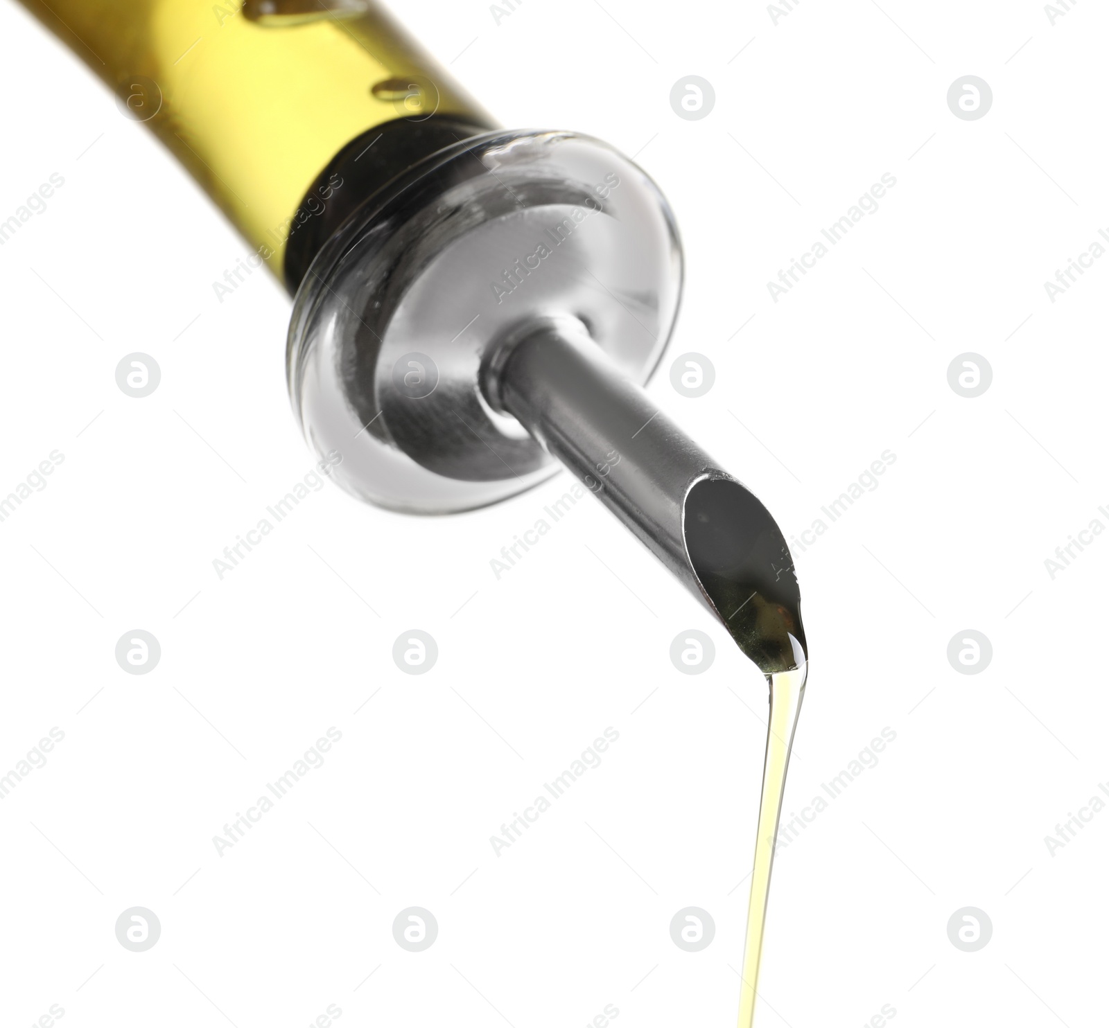 Photo of Pouring fresh olive oil on white background