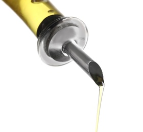 Photo of Pouring fresh olive oil on white background