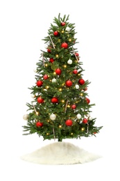 Photo of Beautiful decorated Christmas tree with skirt on white background