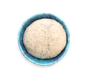 Photo of Raw dough with poppy seeds in bowl on white background, top view