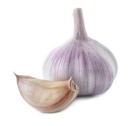 Ripe garlic on white background. Organic product