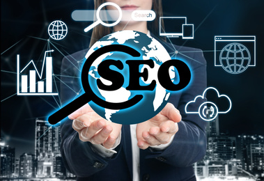 Image of Man demonstrating directions of SEO. Icons of keyword research, customization and others