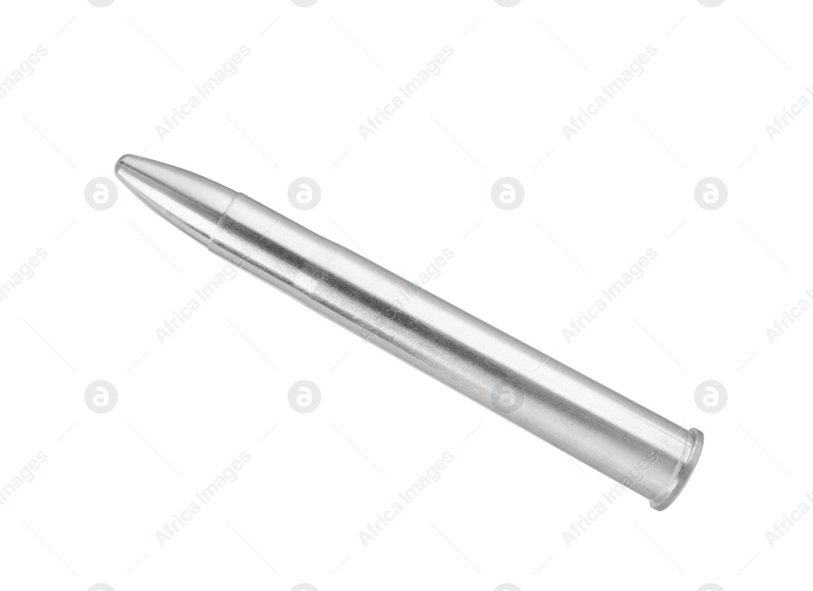 Photo of One bullet isolated on white, top view. Military ammunition