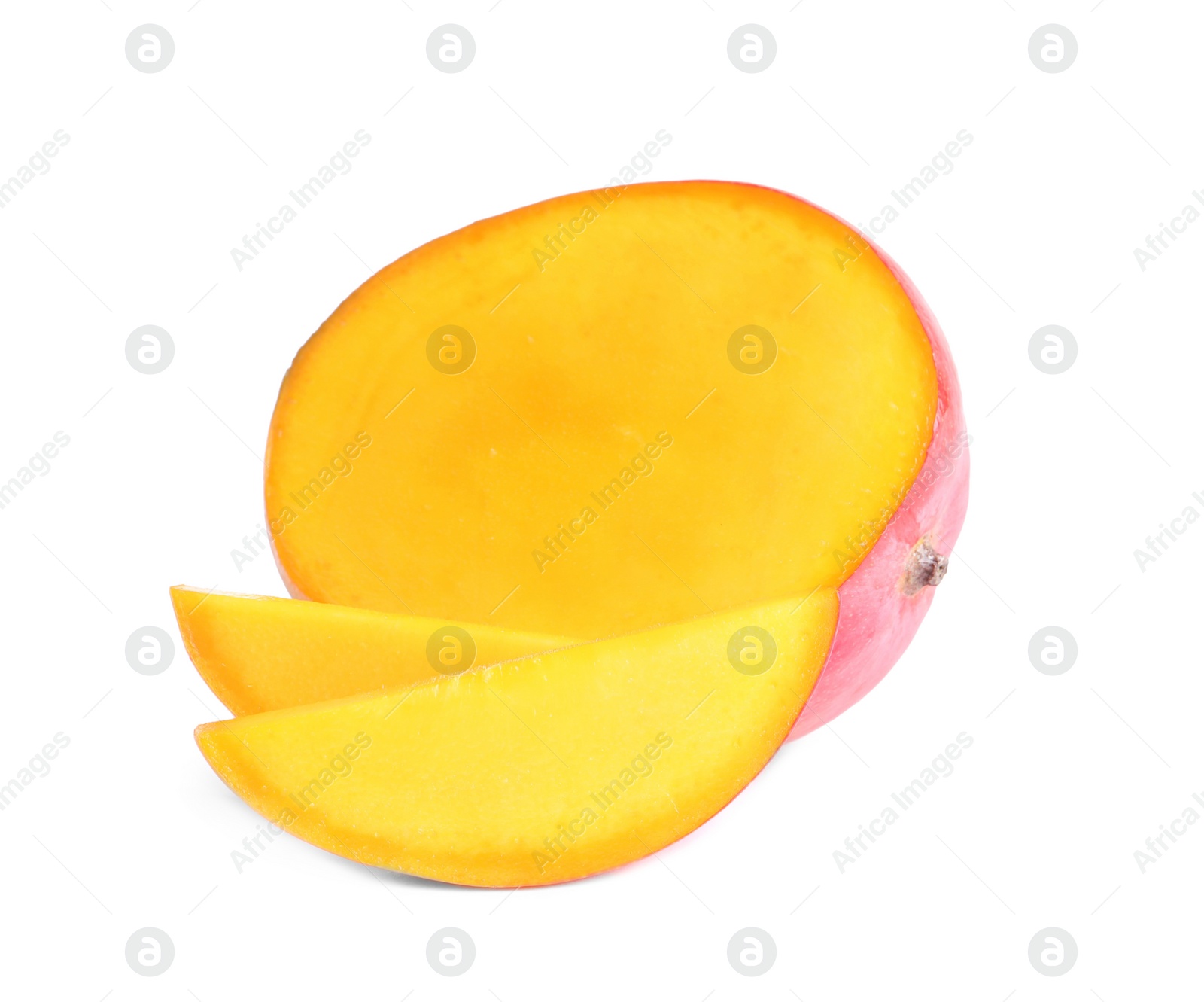 Photo of Delicious cut mango on white background. Tropical fruit