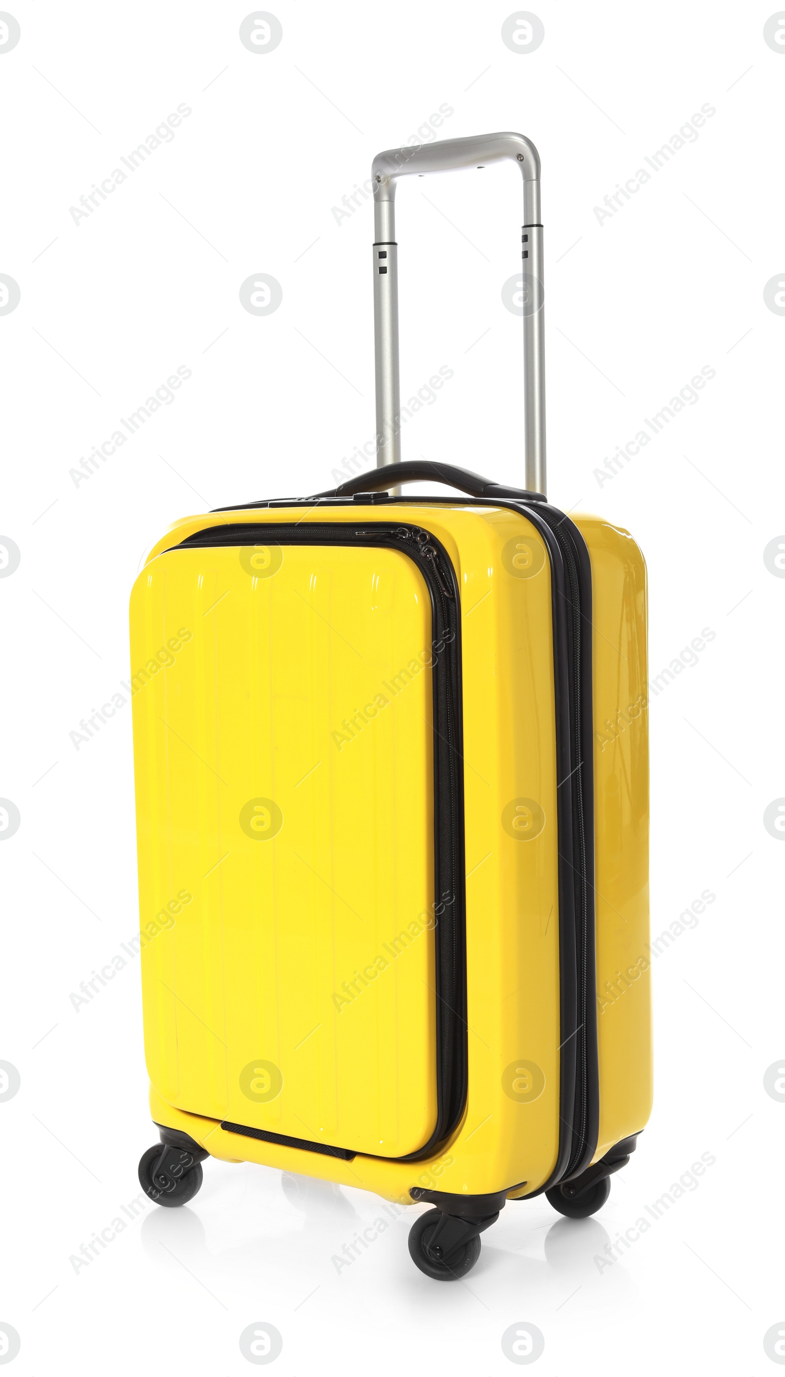 Photo of Bright yellow suitcase on white background