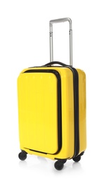 Photo of Bright yellow suitcase on white background