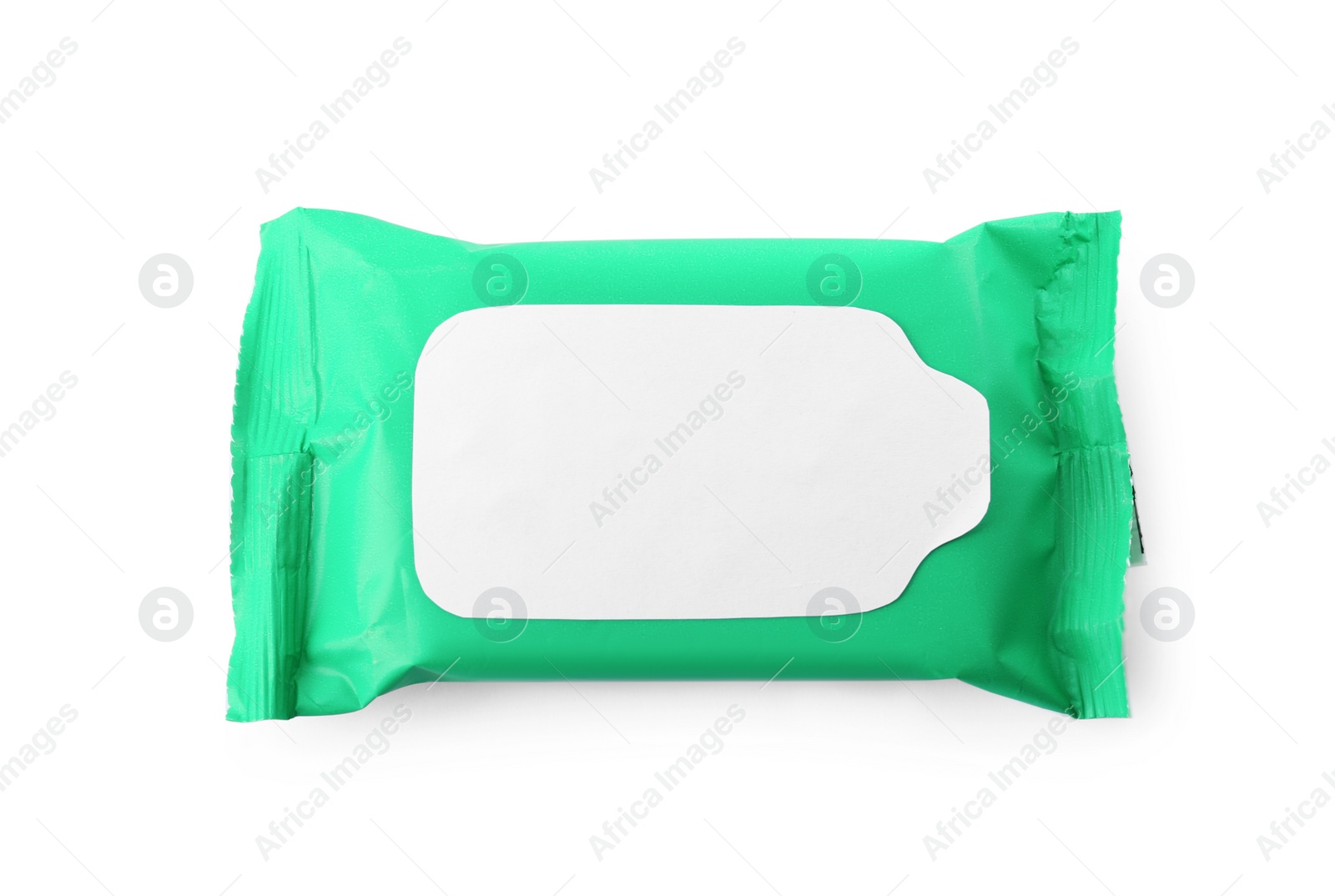 Photo of Wet wipes flow pack isolated on white, top view