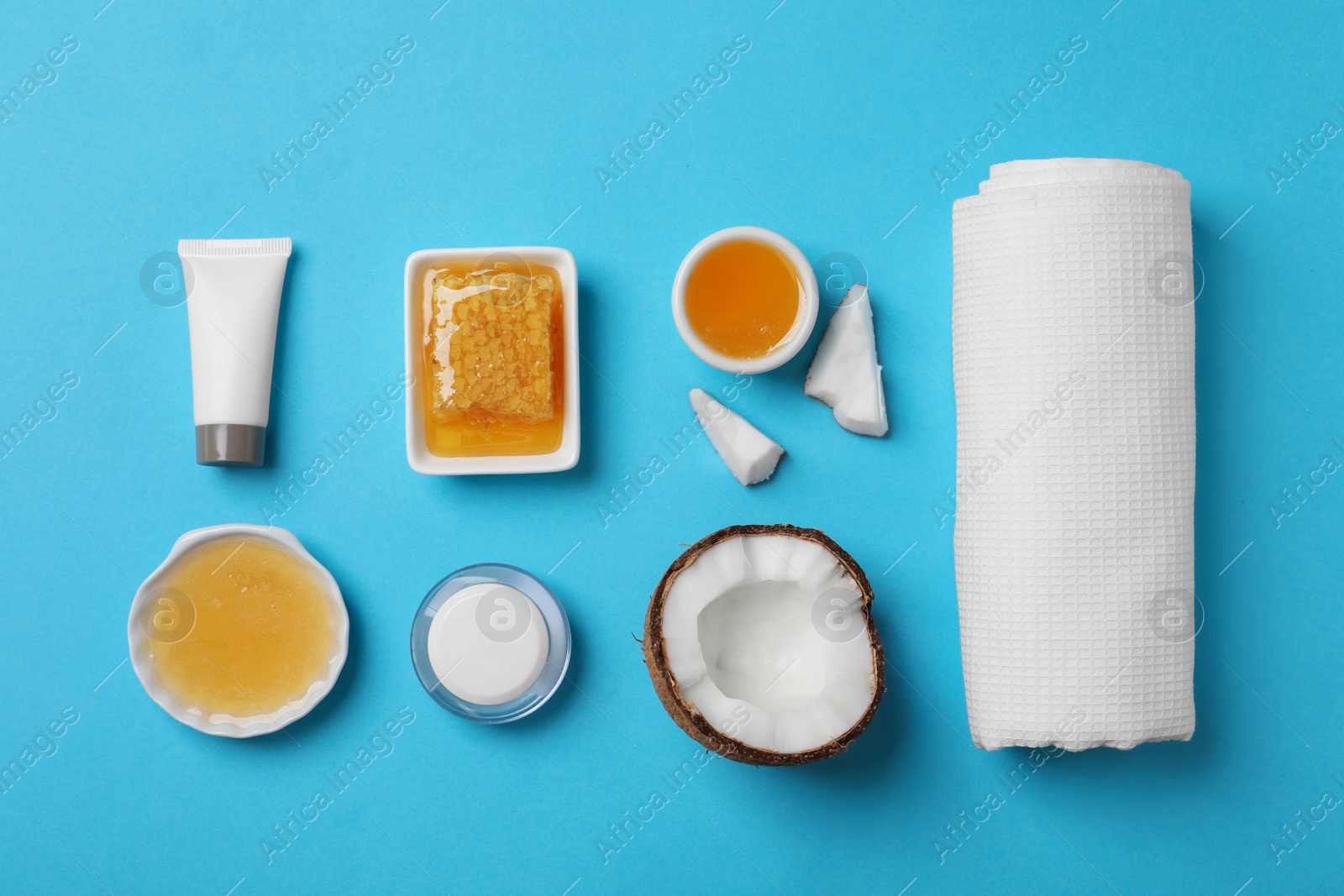 Photo of Fresh ingredients for homemade effective acne remedy on color background