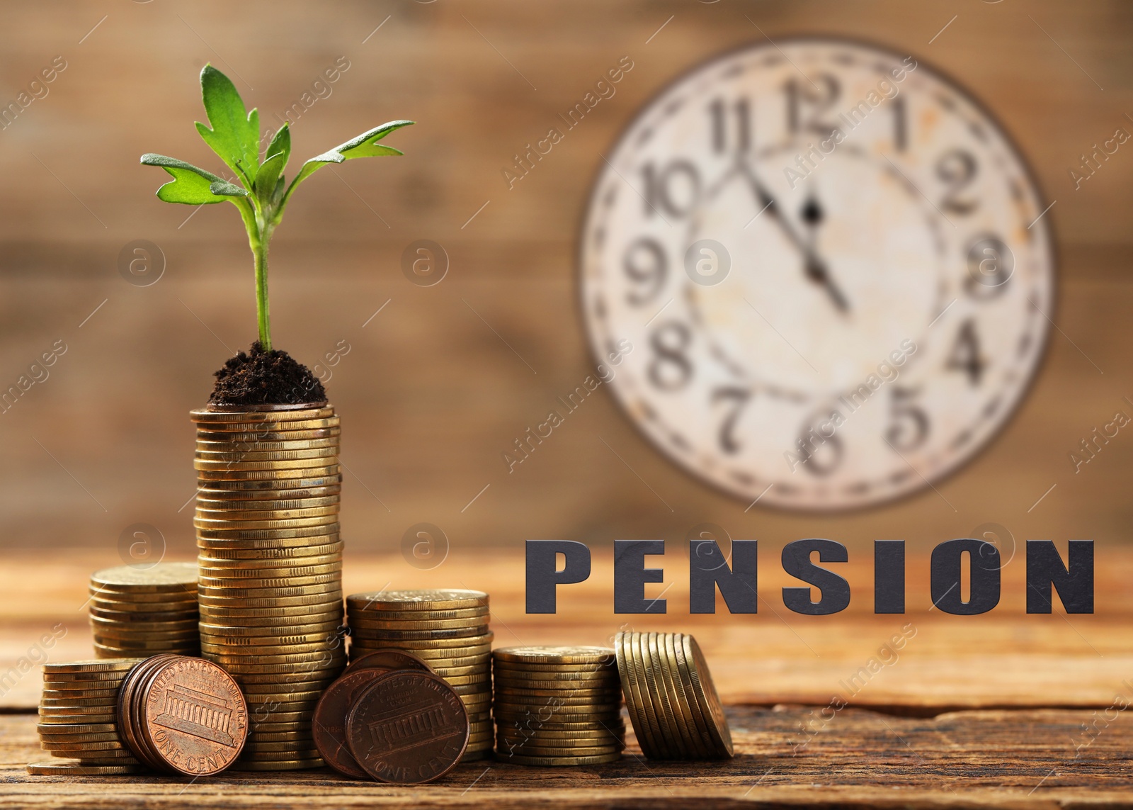 Image of Pension plan. Stacks of coins with green sprout on wooden table and clock