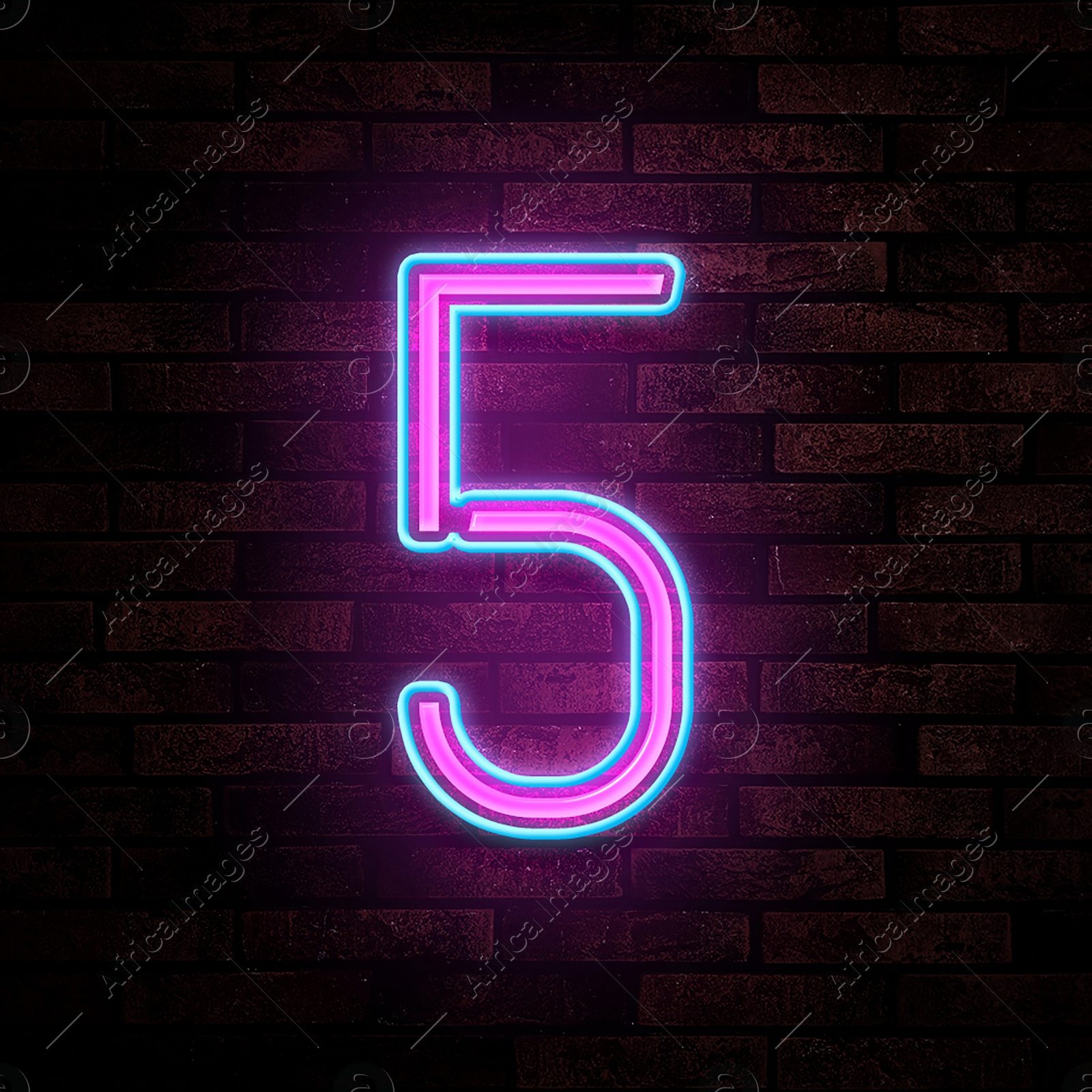 Image of Glowing neon number 5 sign on brick wall