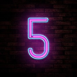 Image of Glowing neon number 5 sign on brick wall