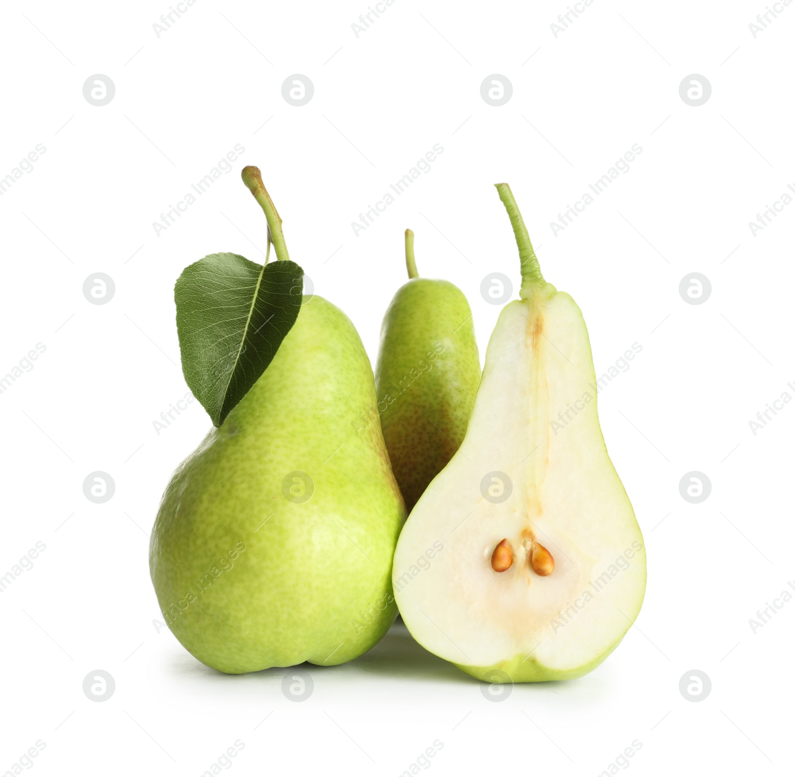 Photo of Whole and sliced pears on white background