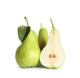 Whole and sliced pears on white background