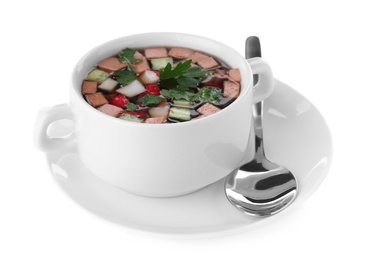 Delicious cold okroshka with kvass isolated on white. Traditional Russian summer soup