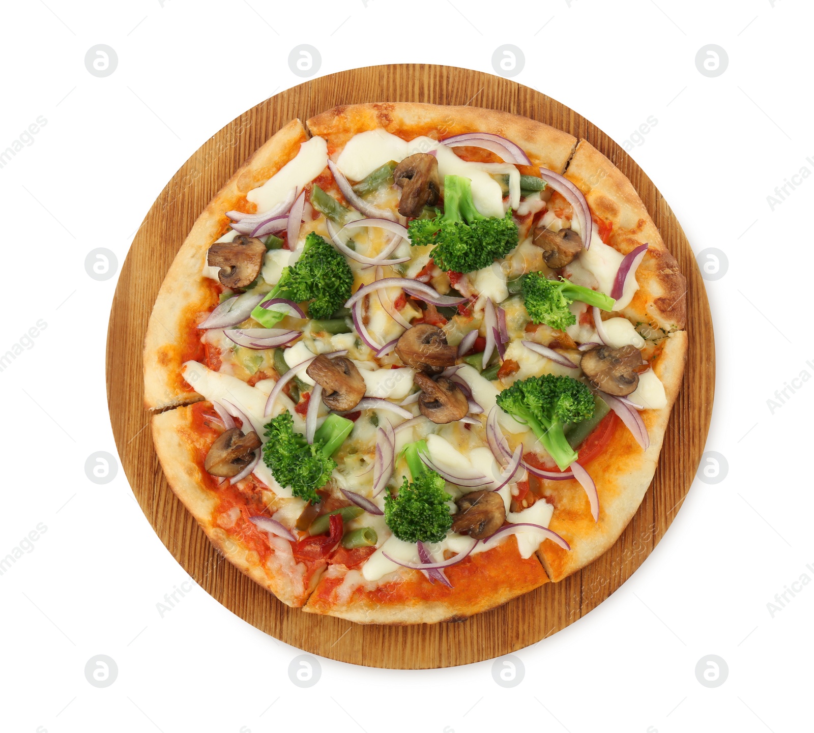 Photo of Delicious vegetarian pizza isolated on white, top view