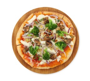 Delicious vegetarian pizza isolated on white, top view