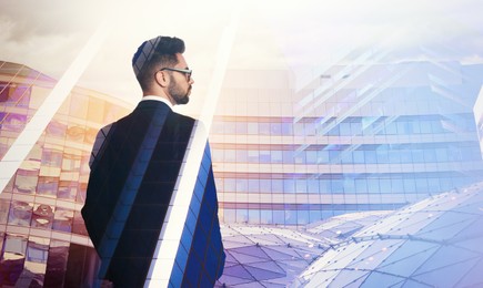 Image of Double exposure of businessman and different buildings in city