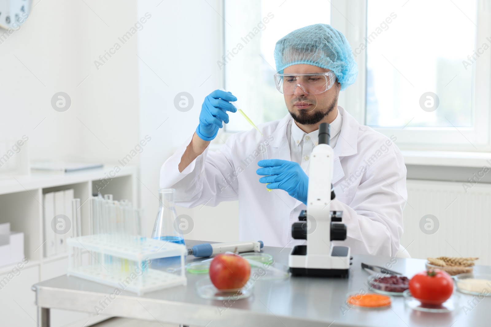 Photo of Quality control. Food inspector checking safety of products in laboratory