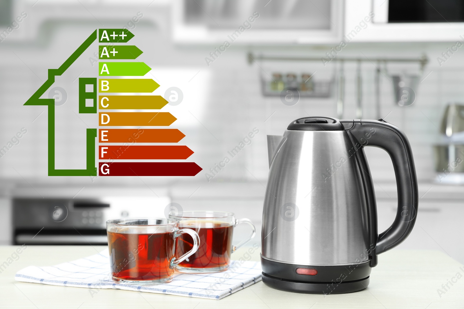 Image of Energy efficiency rating label and electric kettle in kitchen