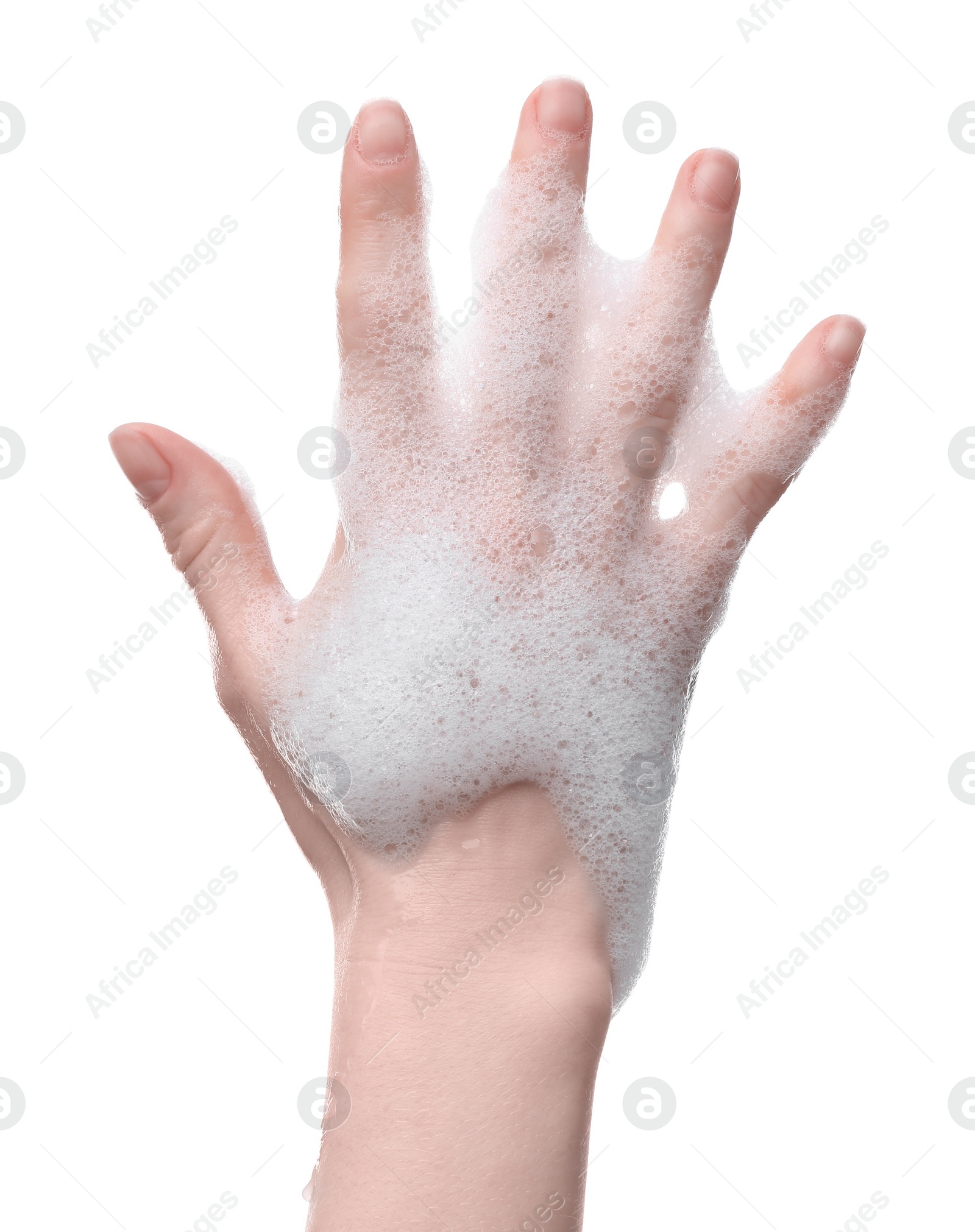 Photo of Woman with cleansing foam on hand against white background, closeup
