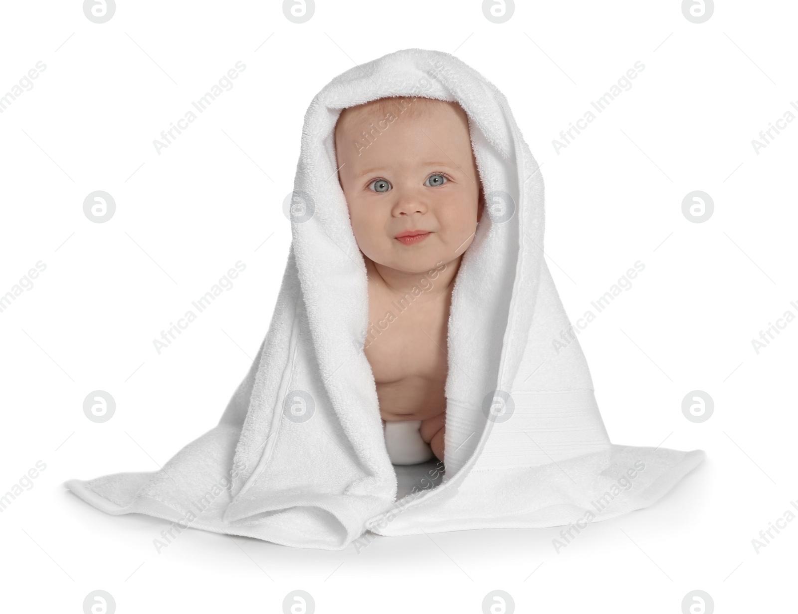 Photo of Cute little baby with soft towel on white background