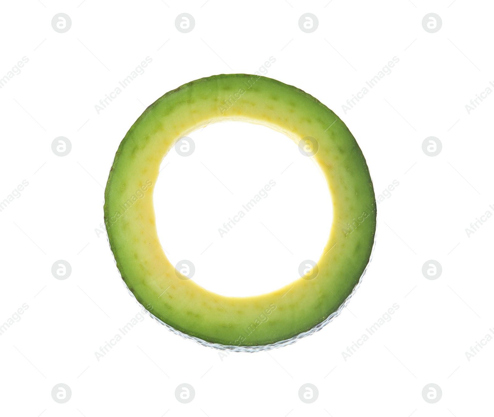 Photo of Slice of ripe avocado on white background