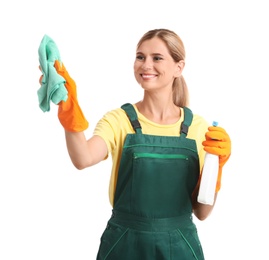 Photo of Female janitor with rag and bottle of detergent on white background. Cleaning service