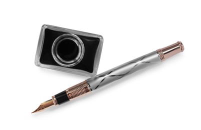 Photo of Stylish fountain pen and inkwell on white background, top view