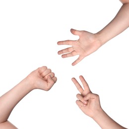 People playing rock, paper and scissors on white background, top view