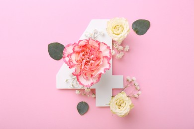 Photo of Paper number 4, eucalyptus leaves and beautiful flowers on pink background, flat lay