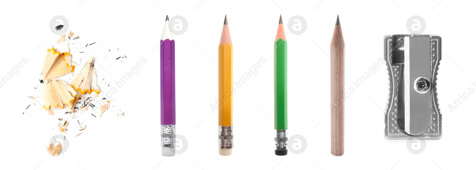 Image of Different graphite pencils, sharpener and shavings isolated on white, set