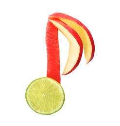 Musical note made of fruits on white background, top view