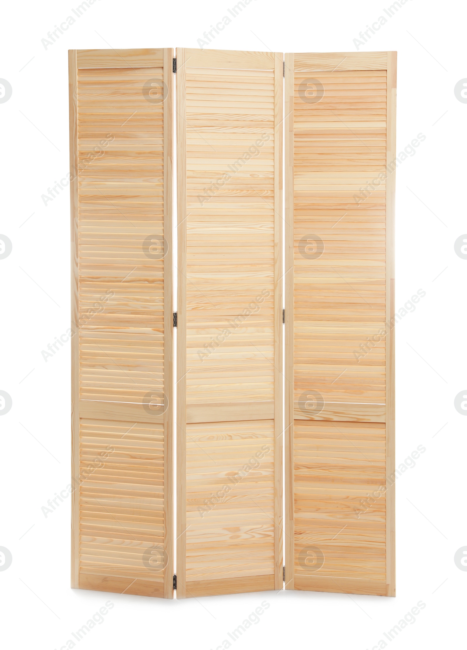 Photo of Wooden folding screen isolated on white. Interior element