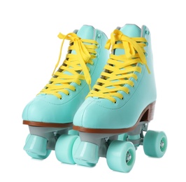 Photo of Pair of stylish quad roller skates on white background