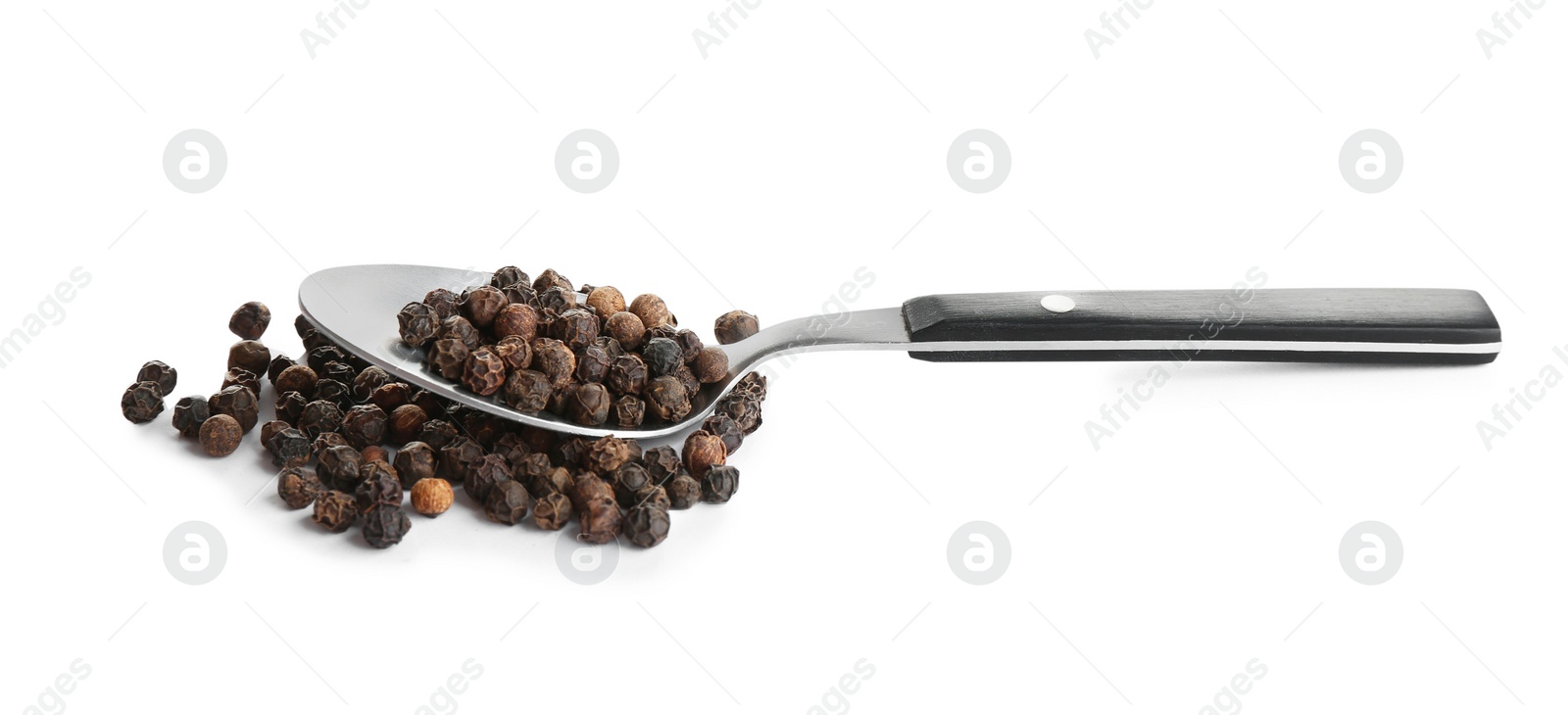 Photo of Spoon of black peppercorns isolated on white