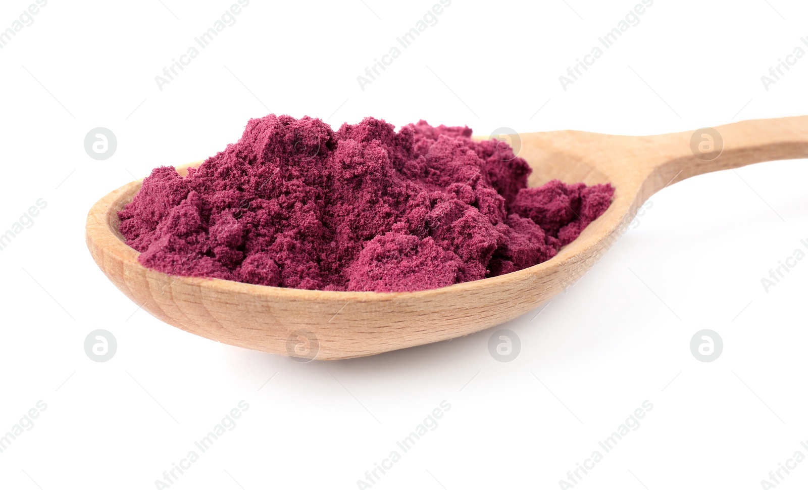 Photo of Wooden spoon of acai powder on white background