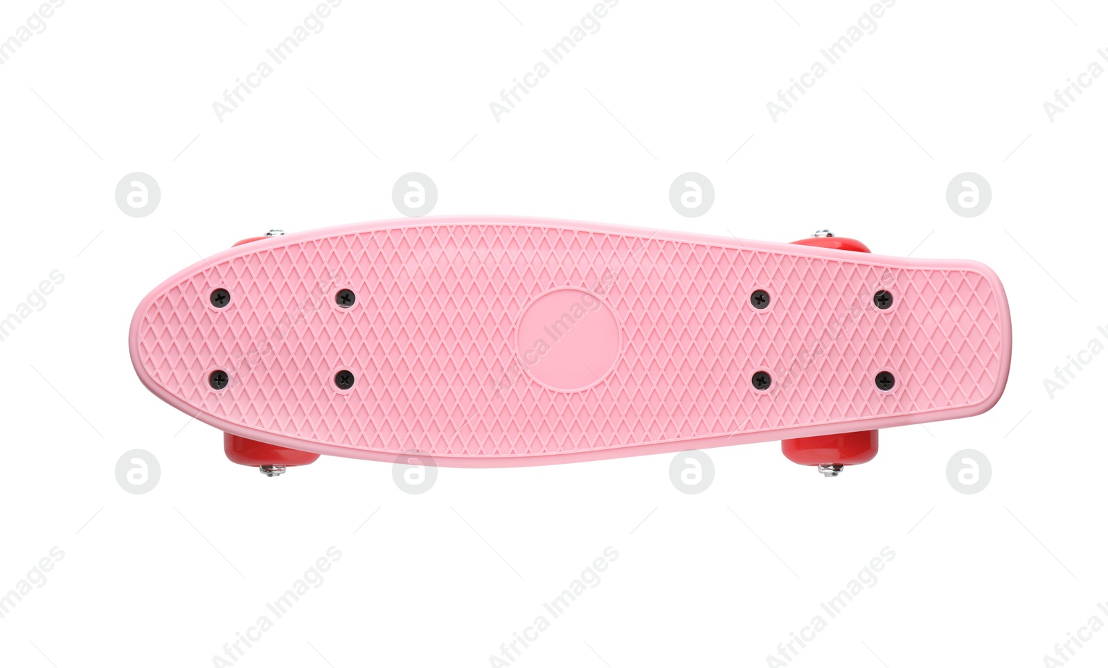 Photo of Pink skateboard with red wheels isolated on white, top view. Sport equipment