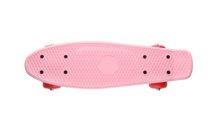 Photo of Pink skateboard with red wheels isolated on white, top view. Sport equipment