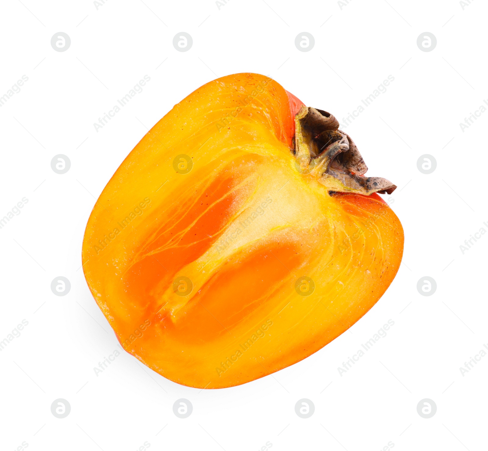 Photo of Half of delicious ripe juicy persimmon isolated on white, top view