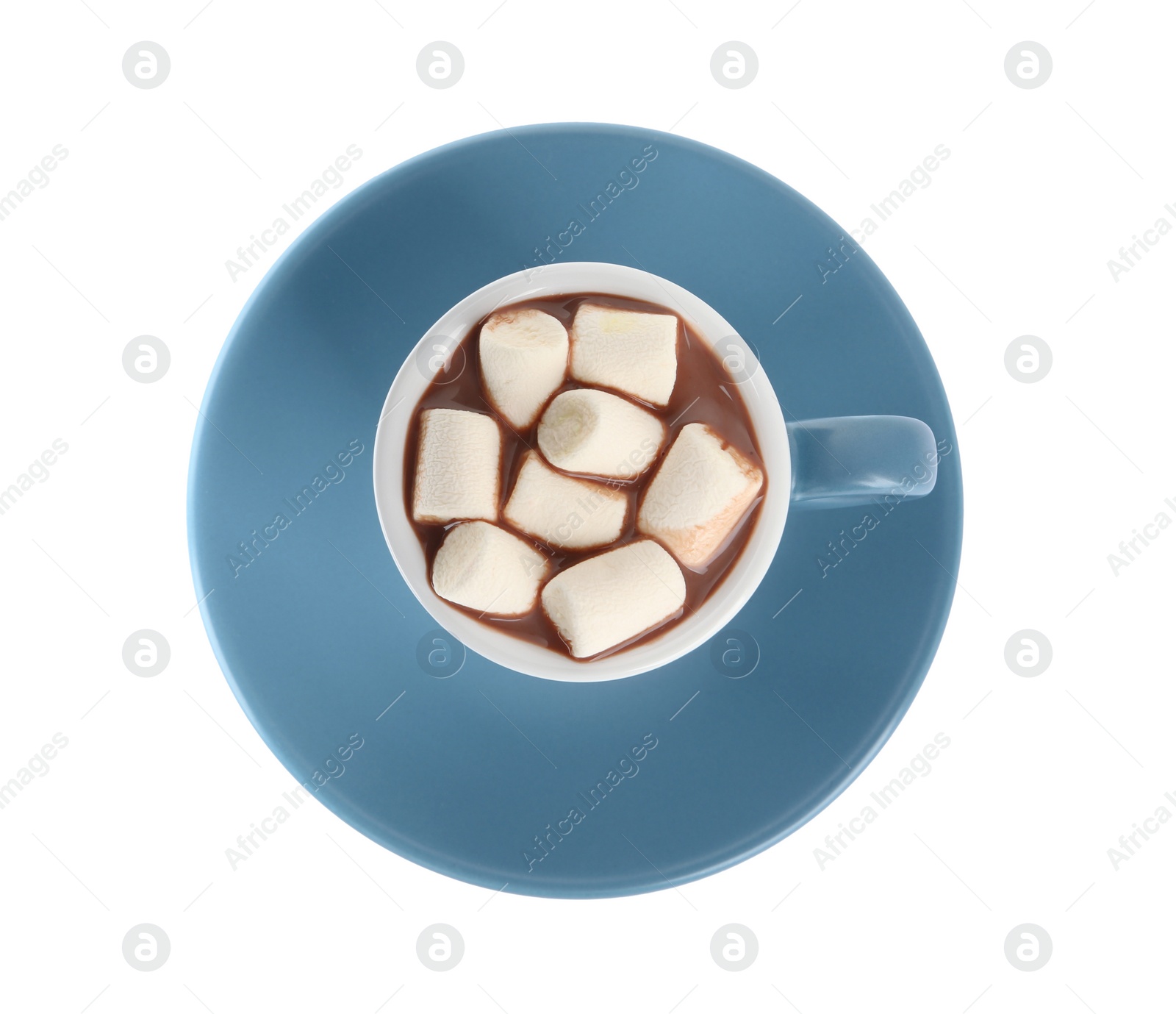 Photo of Cup of delicious hot chocolate with marshmallows isolated on white, top view