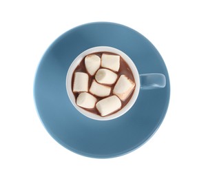 Cup of delicious hot chocolate with marshmallows isolated on white, top view