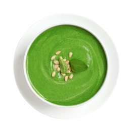 Bowl of healthy green soup with fresh spinach on white background, top view