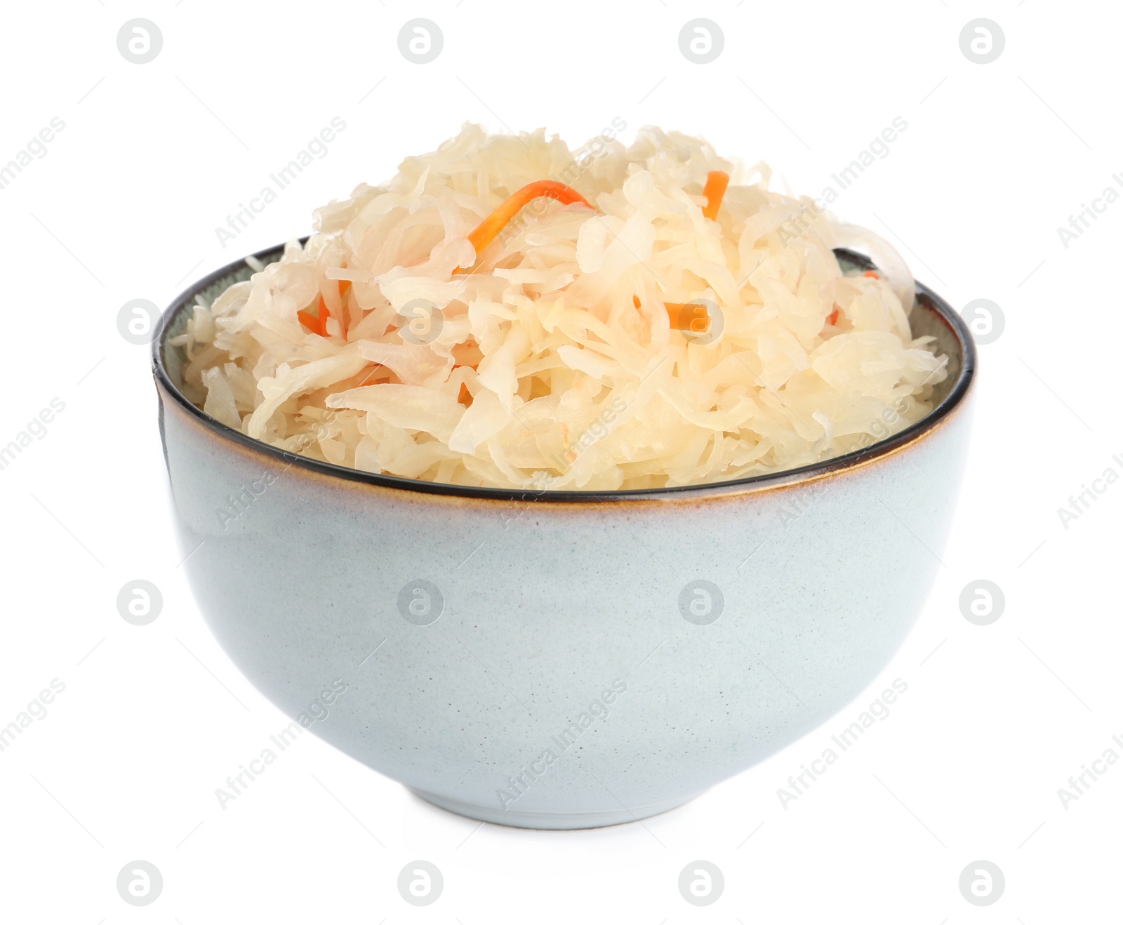 Photo of Bowl of tasty sauerkraut with carrot on white background