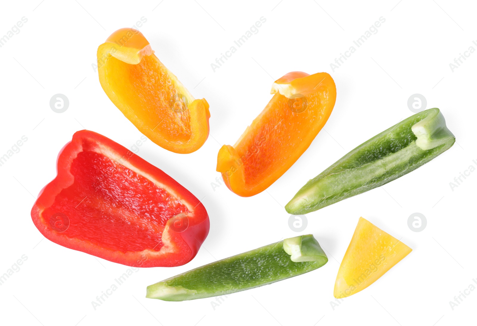 Photo of Different juicy bell peppers on white background