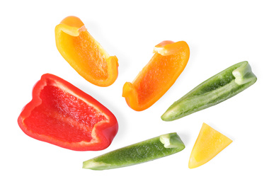 Different juicy bell peppers on white background