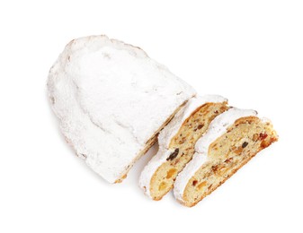Photo of Traditional Christmas Stollen with icing sugar on white background, top view